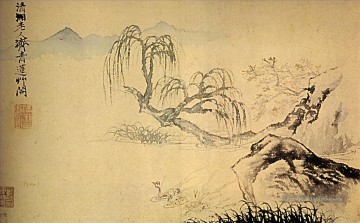 Canards Shitao sur la rivière 1699 vieille encre de Chine Peinture à l'huile